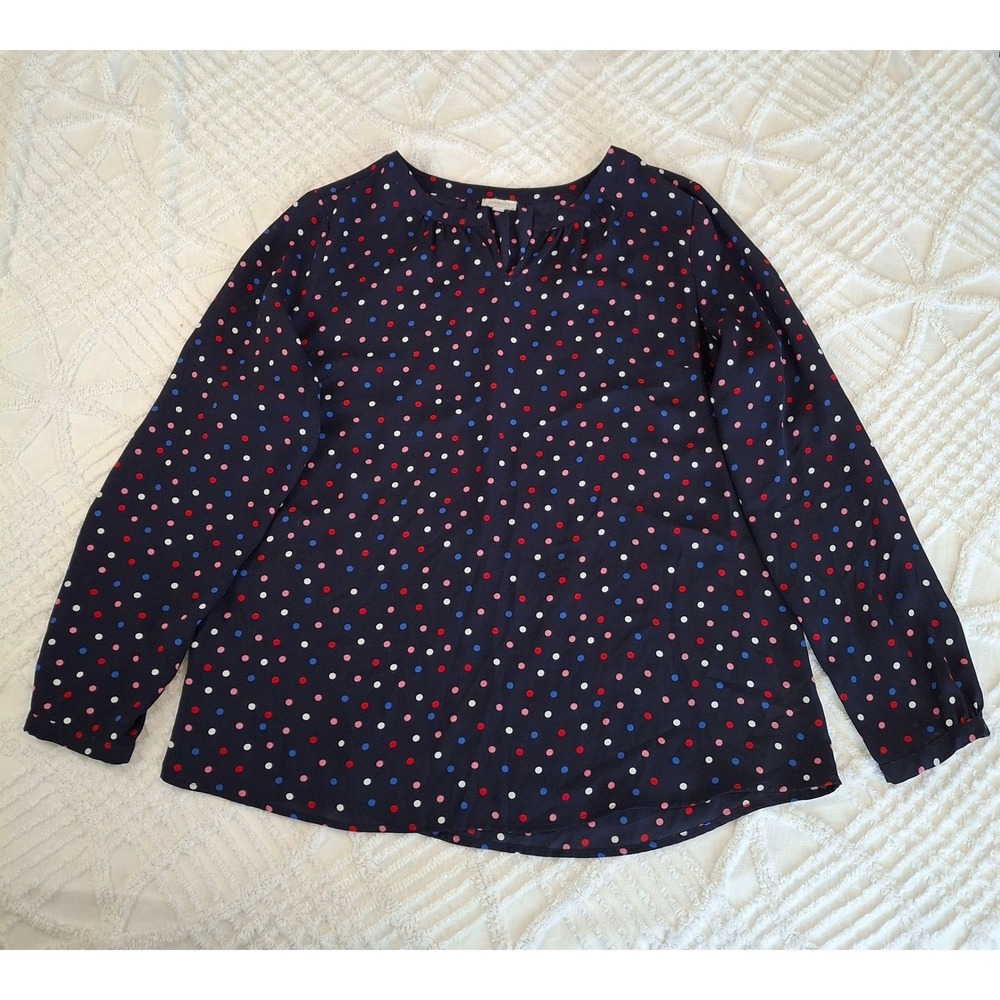 Talbots Womens Large Navy Blue Polka Dot Blouse Split Neck Long Sleeve Chiffon